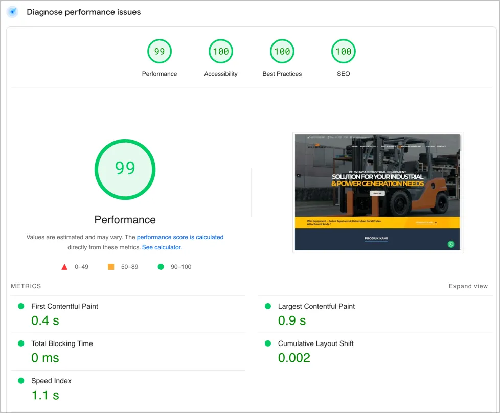 Skor PageSpeed Win Equipment Setelah Optimasi After Win Equipment PageSpeed Score