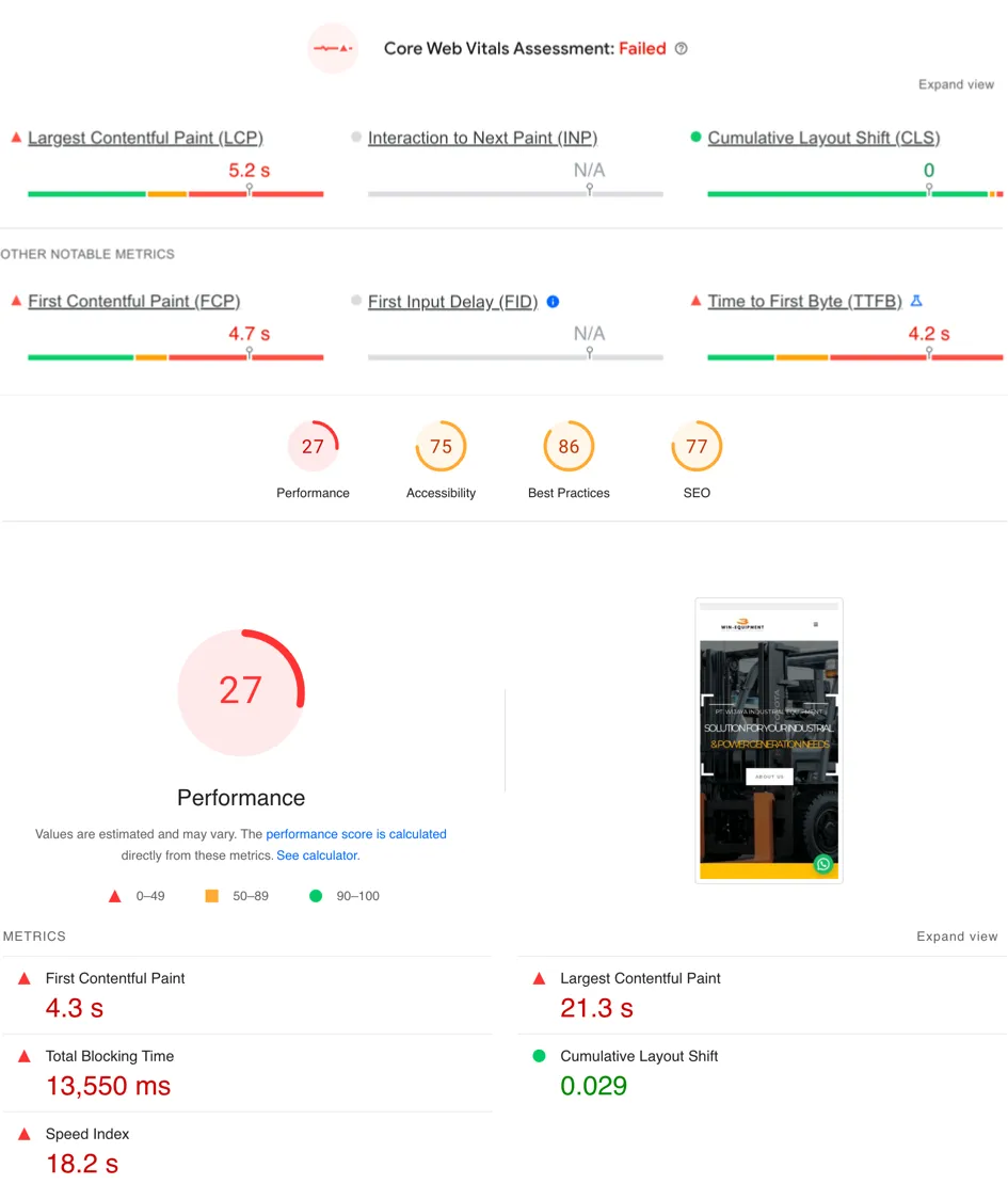 Skor PageSpeed Win Equipment Sebelum Optimasi Before Win Equipment PageSpeed Score