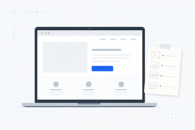 Ilustrasi panduan cara membuat website bisnis: wireframe dan checklist halaman