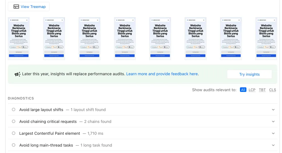 Hasil Diagnostic PageSpeed Harun Studio