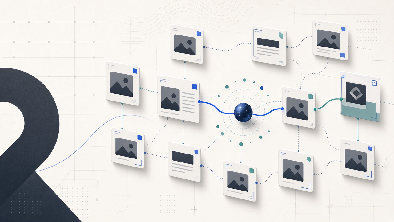 Ilustrasi peta internal link website dengan jalur contextual link dan Jev AI