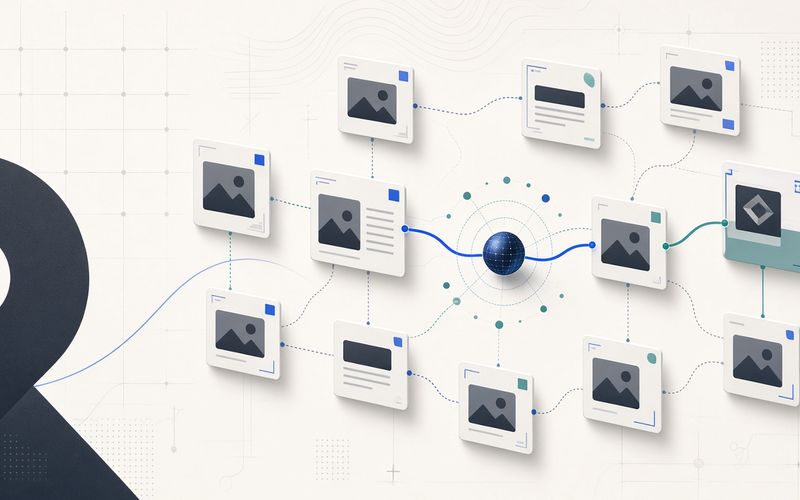 Ilustrasi peta internal link website dengan jalur contextual link dan Jev AI