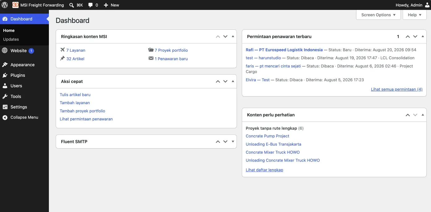 Dashboard WordPress MSI setelah pengembangan