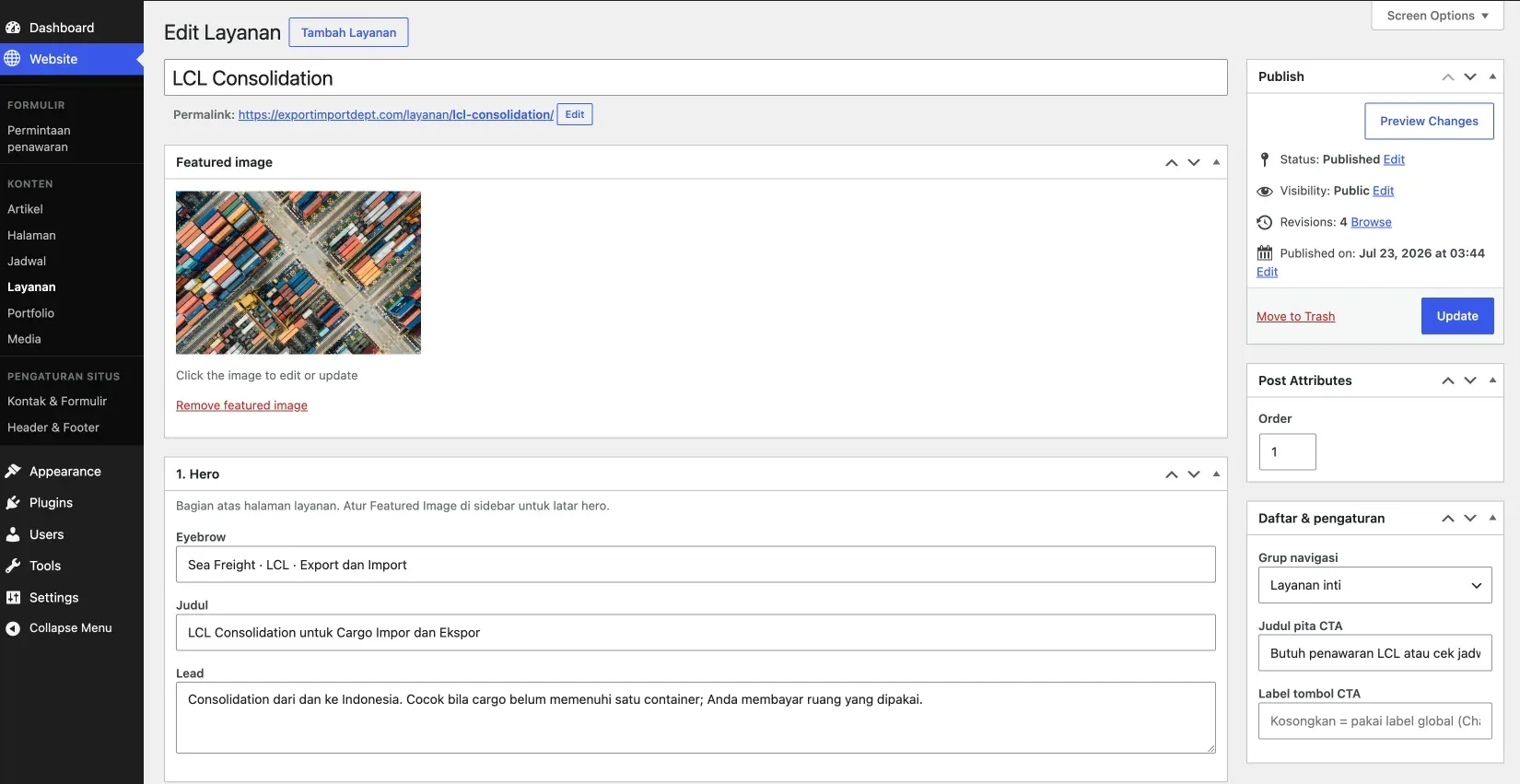 Editor layanan LCL Consolidation pada WordPress MSI