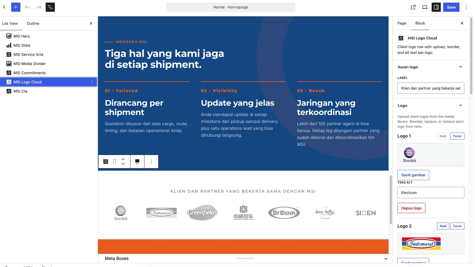 Custom logo cloud block pada homepage MSI