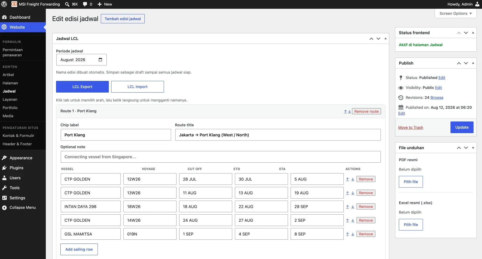Editor jadwal export-import pada dashboard WordPress MSI