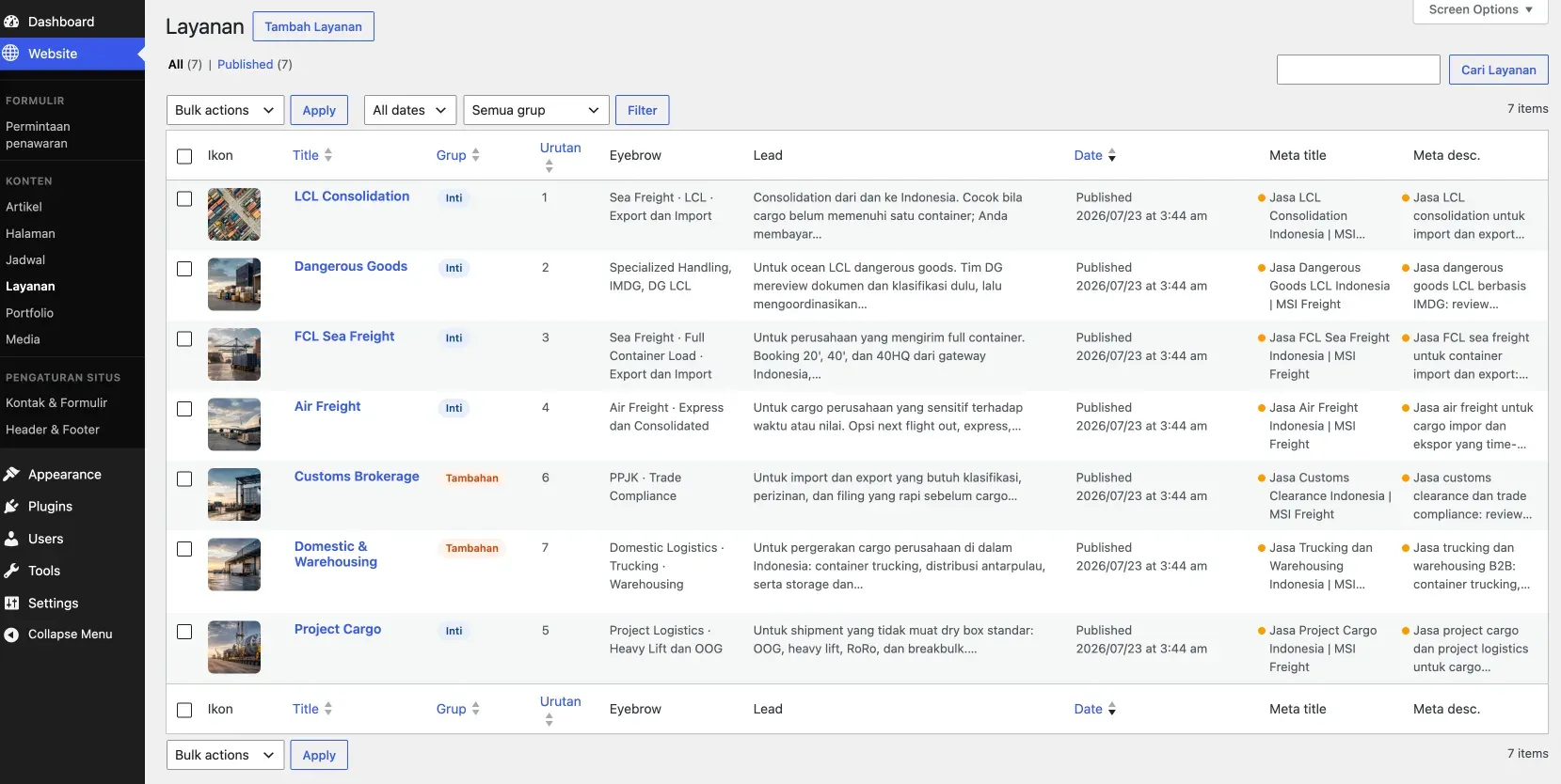 Daftar layanan pada dashboard WordPress MSI