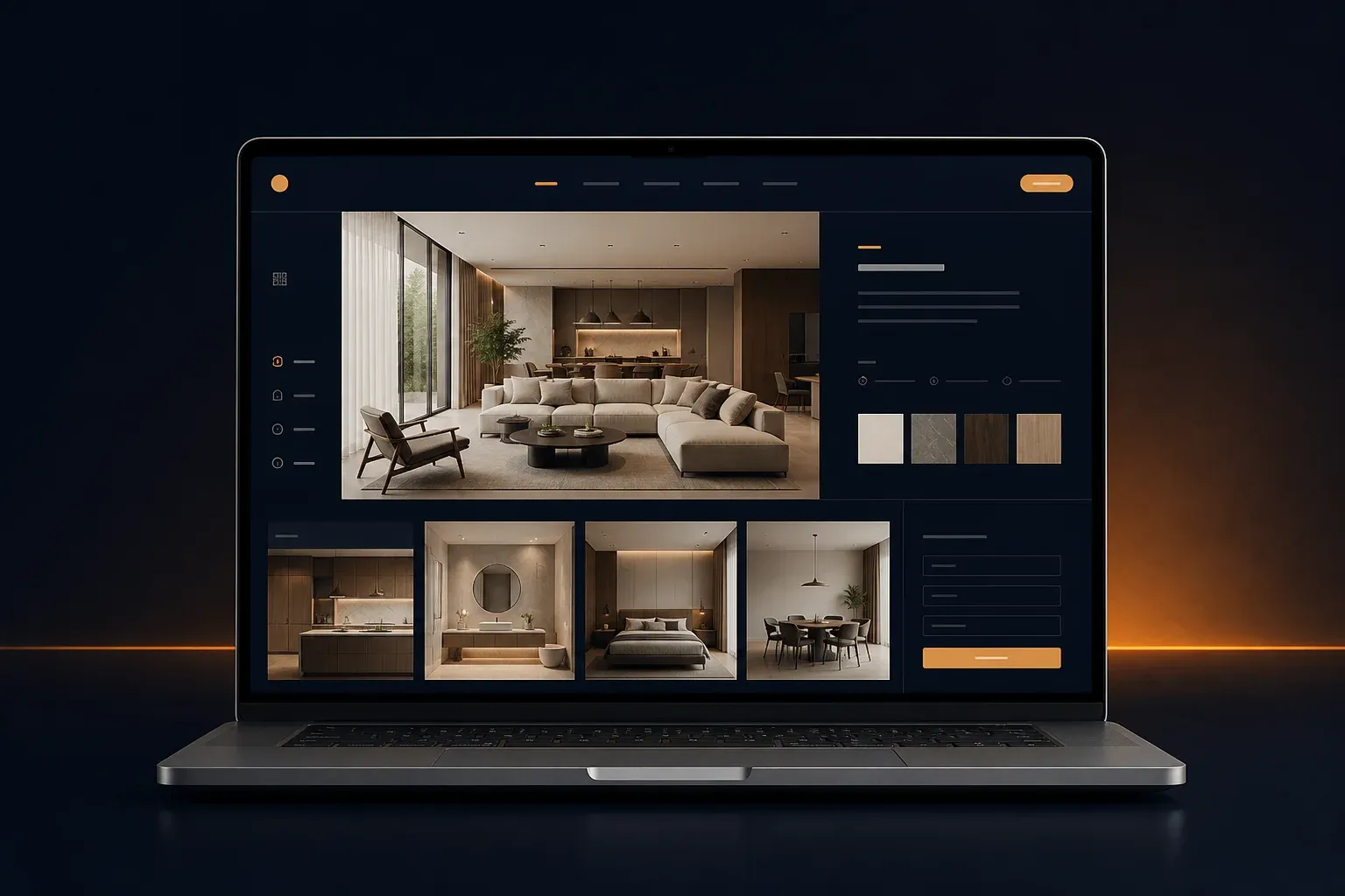 Mockup website studio desain interior dengan portofolio dan material proyek