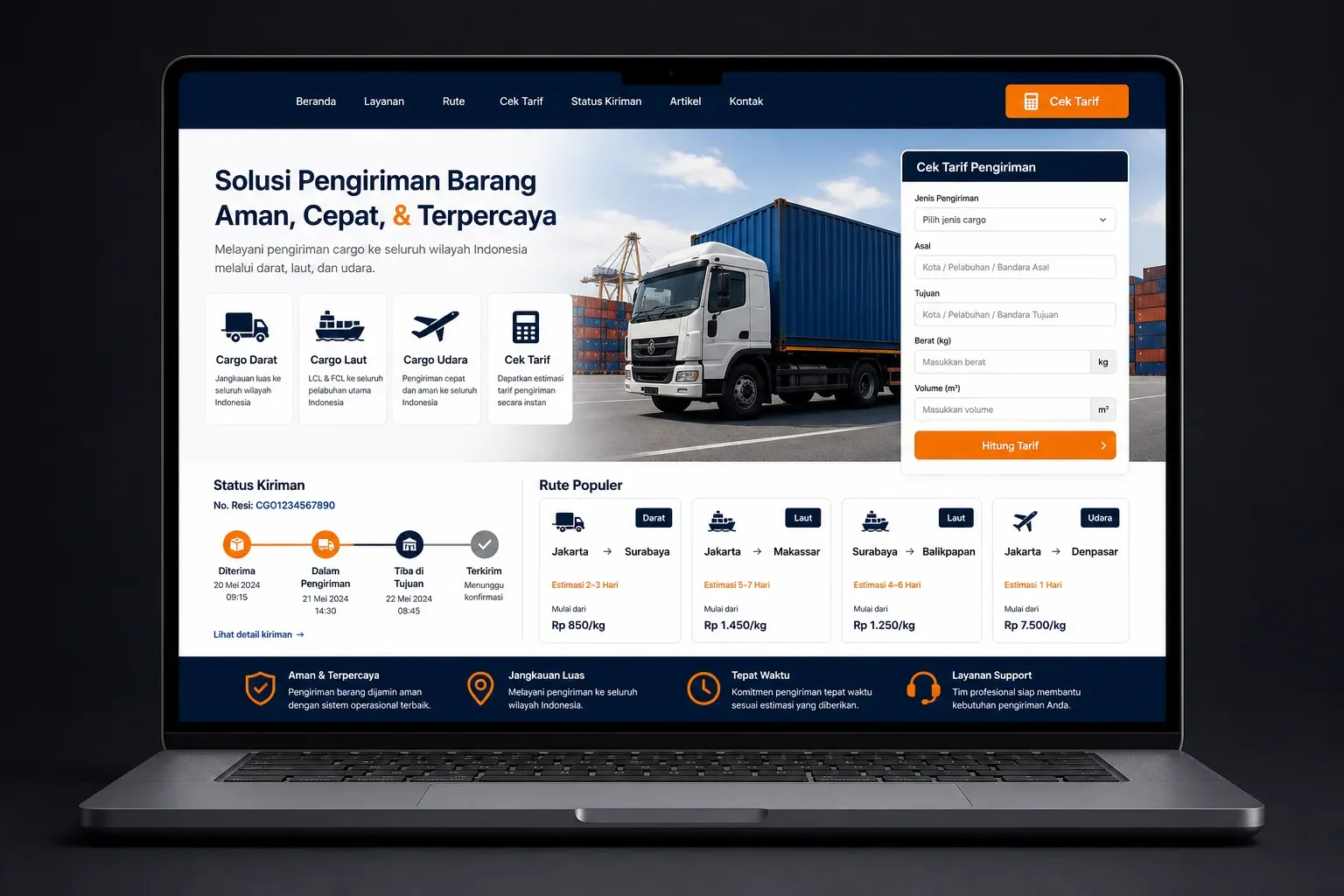 Mockup website ekspedisi dengan layanan cargo dan rute pengiriman