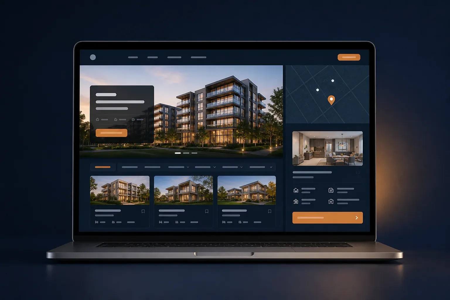 Mockup website properti dengan listing, peta lokasi, dan detail unit