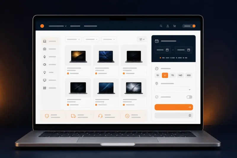 Mockup website rental laptop dengan katalog unit dan kalender ketersediaan
