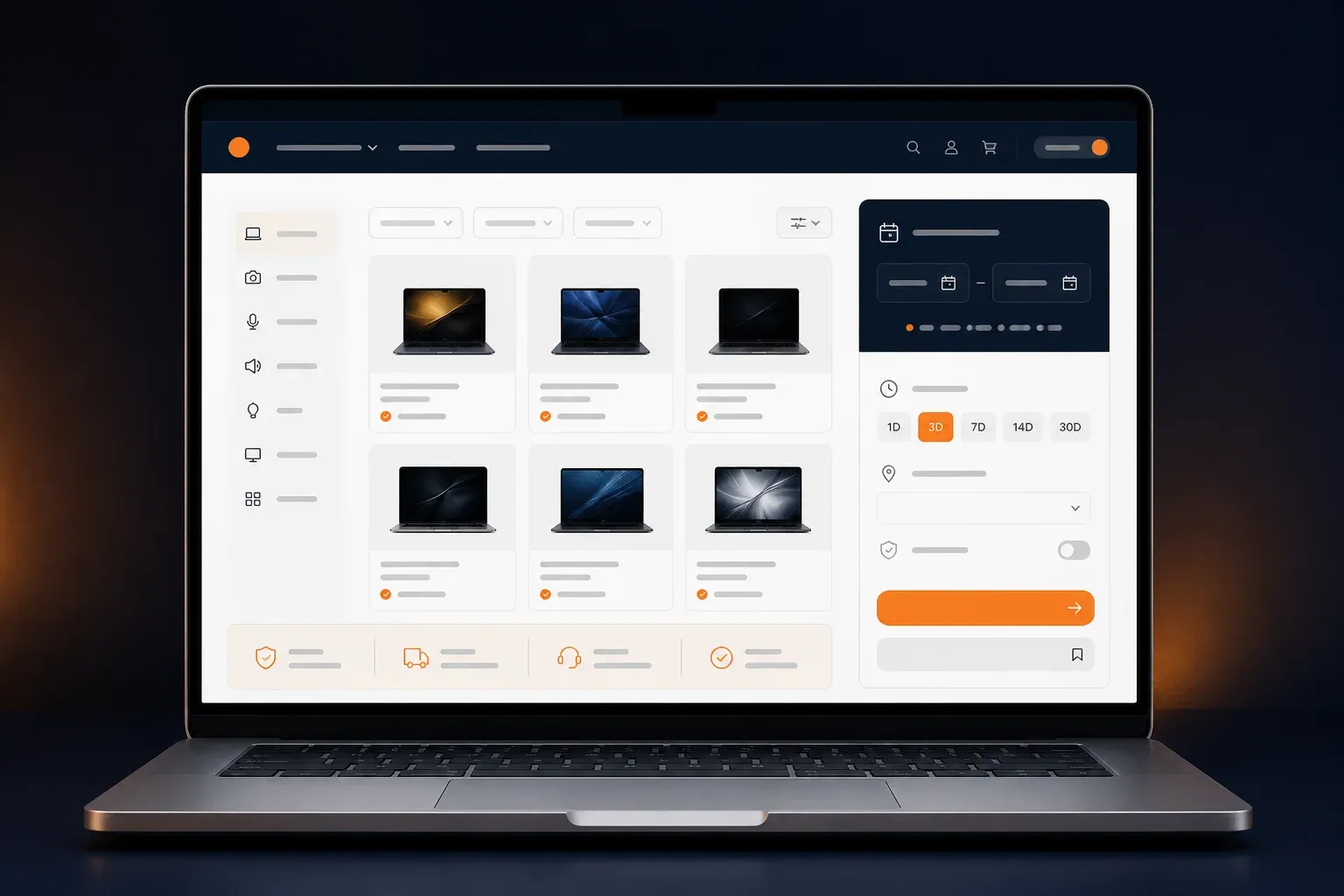 Mockup website rental laptop dengan katalog unit dan kalender ketersediaan